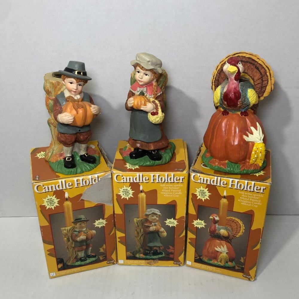 Set of 3 Vintage Hand Painted Turkey & Pilgrims Candle Holders Thanksgiving Fall